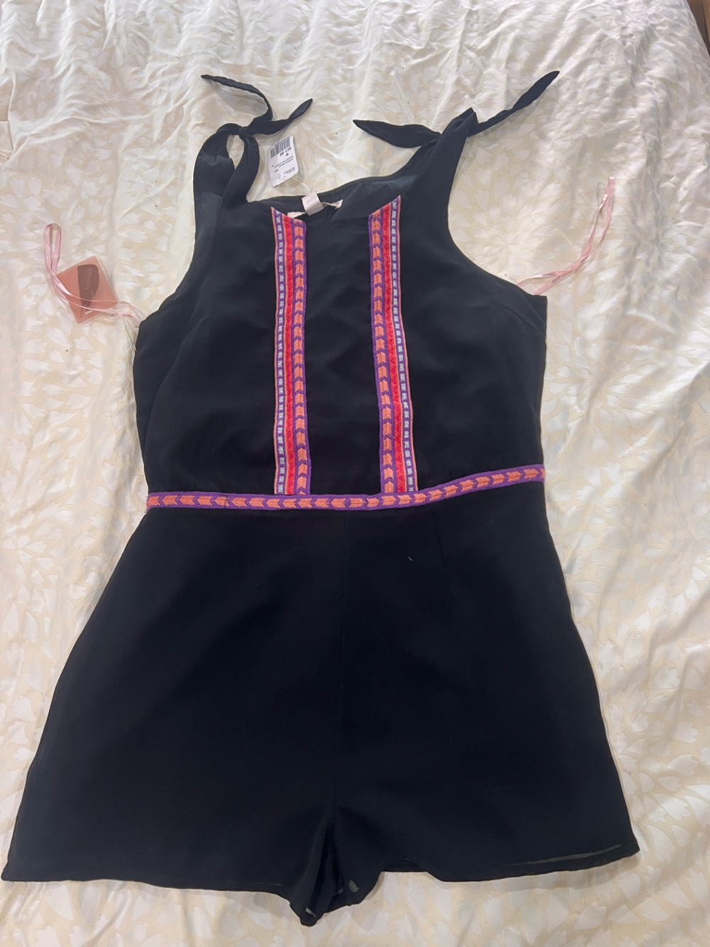 Black Sleeveless Romper with Pink & Purple Trim